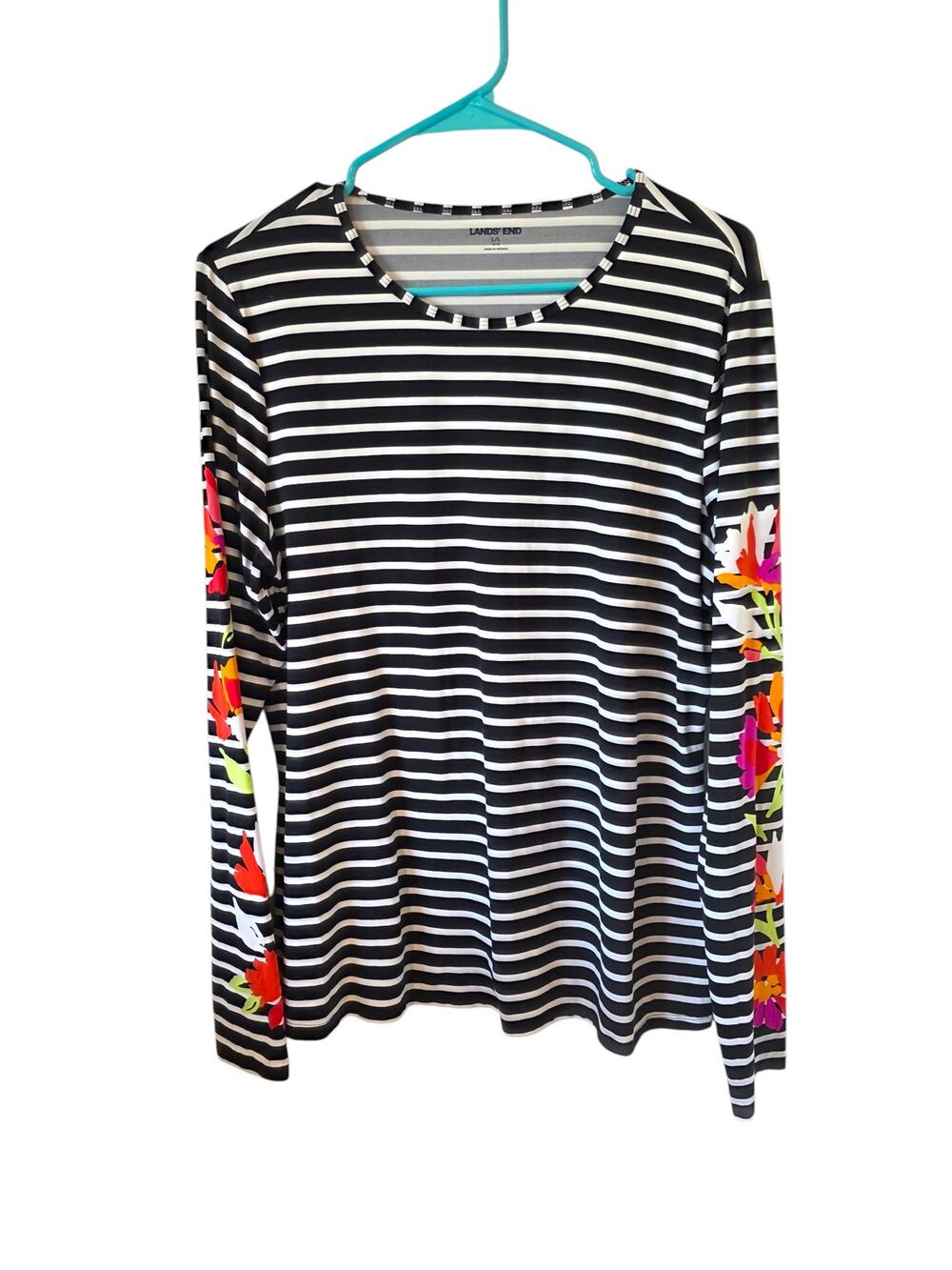 Lands End Womens Striped Floral Rash Guard Swim Top Size Large Navy Blue White
